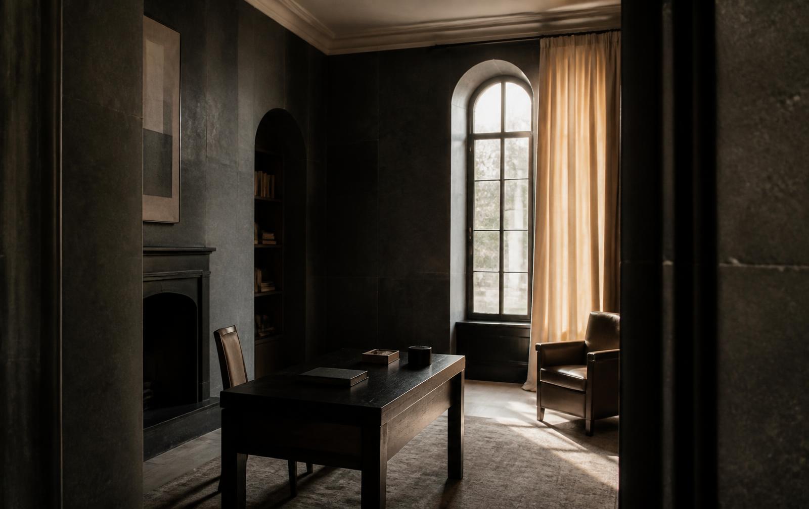 A quiet private study lit by a single arched window