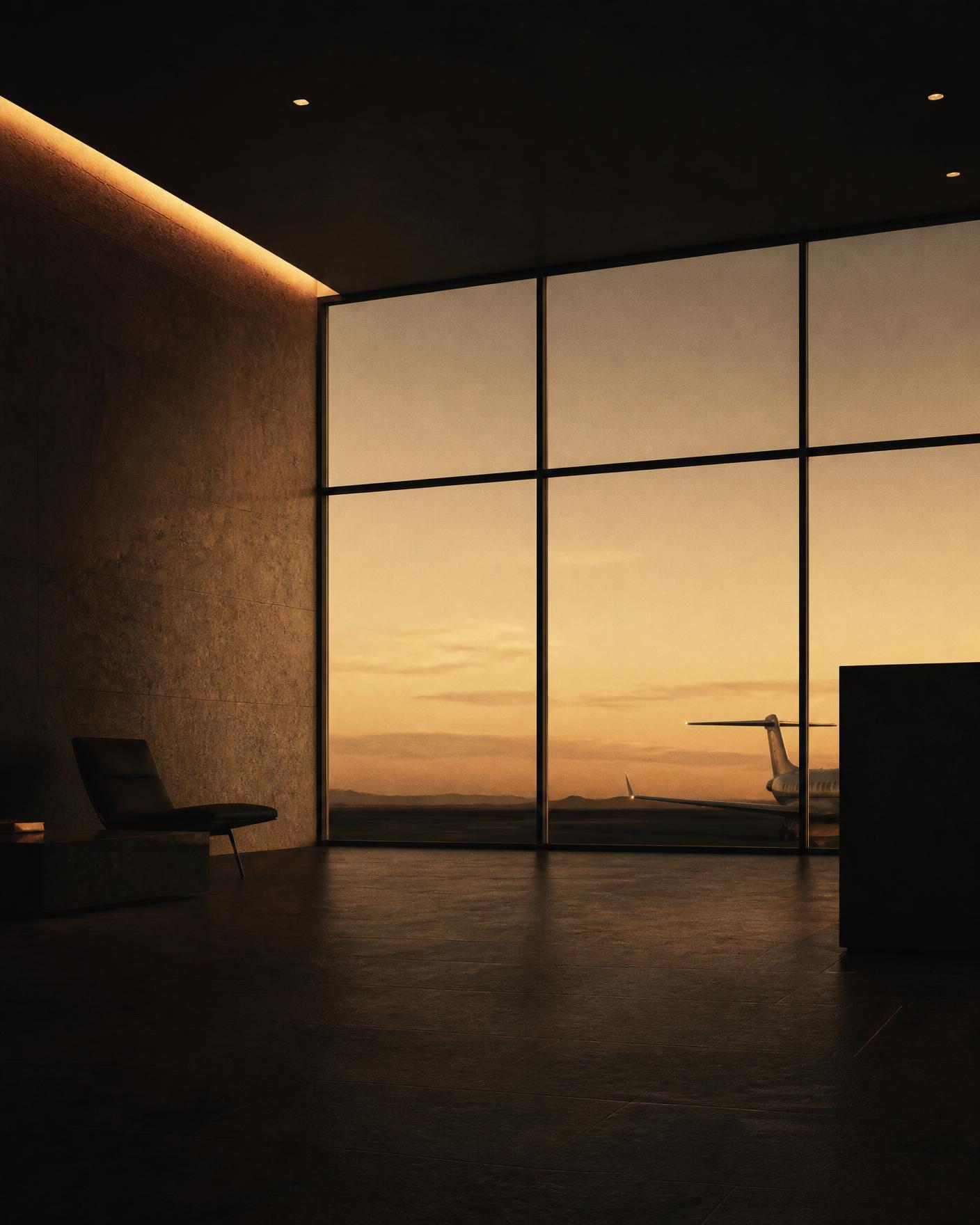 An empty private aviation terminal at dusk